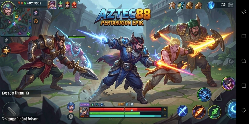 Gameplay AZTEC88 menampilkan pertempuran heroik yang seru dan strategis.