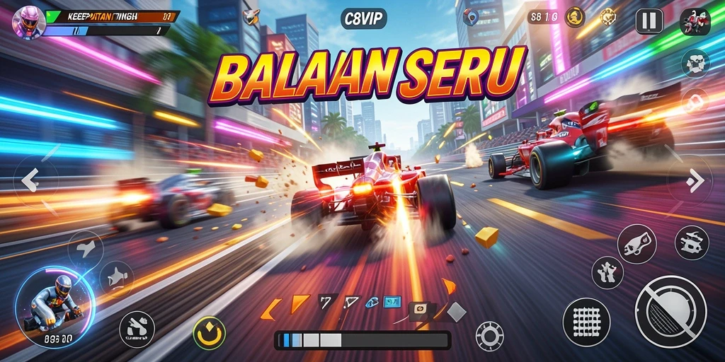 Tangkapan layar utama C8VIP dengan aksi balapan seru.
