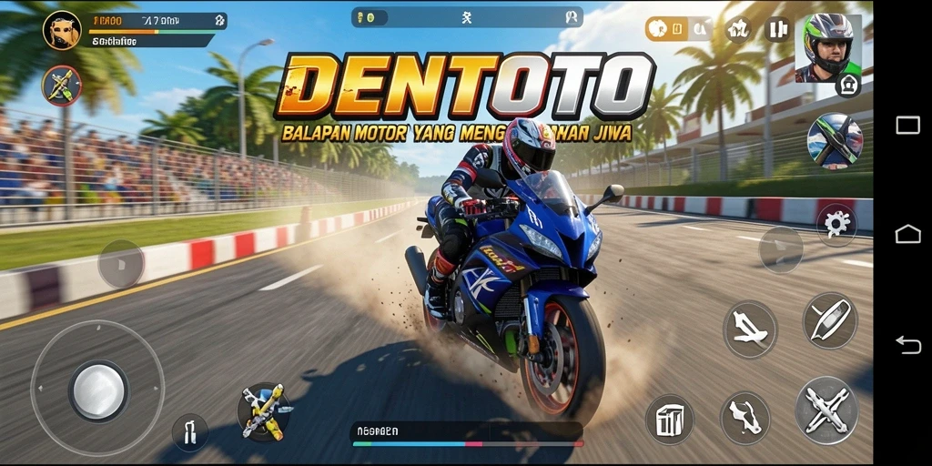 Gameplay seru dalam DENTOTO saat balapan motor.