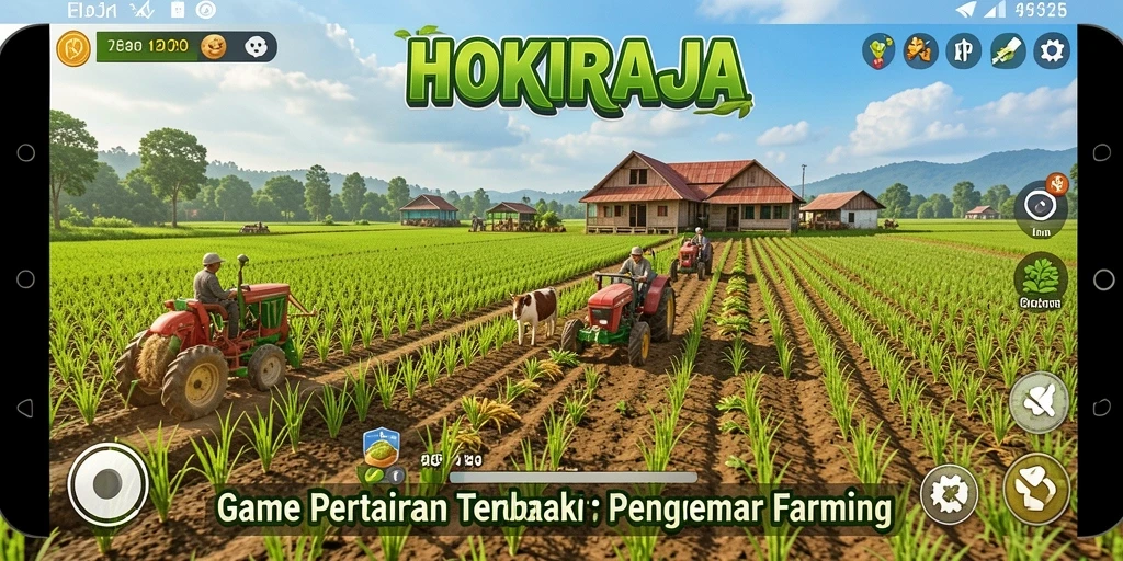 Tampilan gameplay HOKIRAJA dengan berbagai aktivitas pertanian.