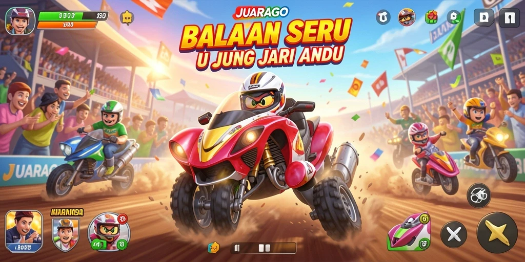 Tampilan gameplay seru di JUARAGO dengan mobil balap yang memukau.