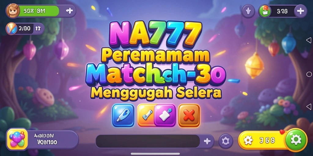 Screenshot NA777 menampilkan kombinasi warna-warni dalam gameplay Match-3 yang menawan.