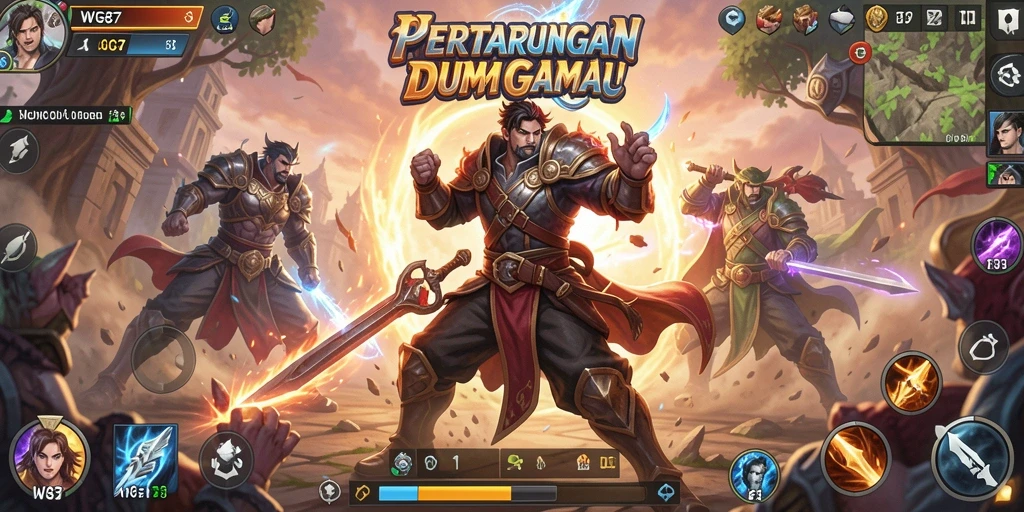 Screenshot gameplay WG87 menampilkan pertarungan intens antara karakter-karakter unik.