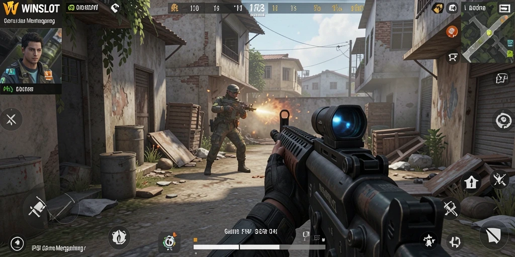 Screenshot gameplay WINSLOT menampilkan aksi tembak-menembak yang mendebarkan.